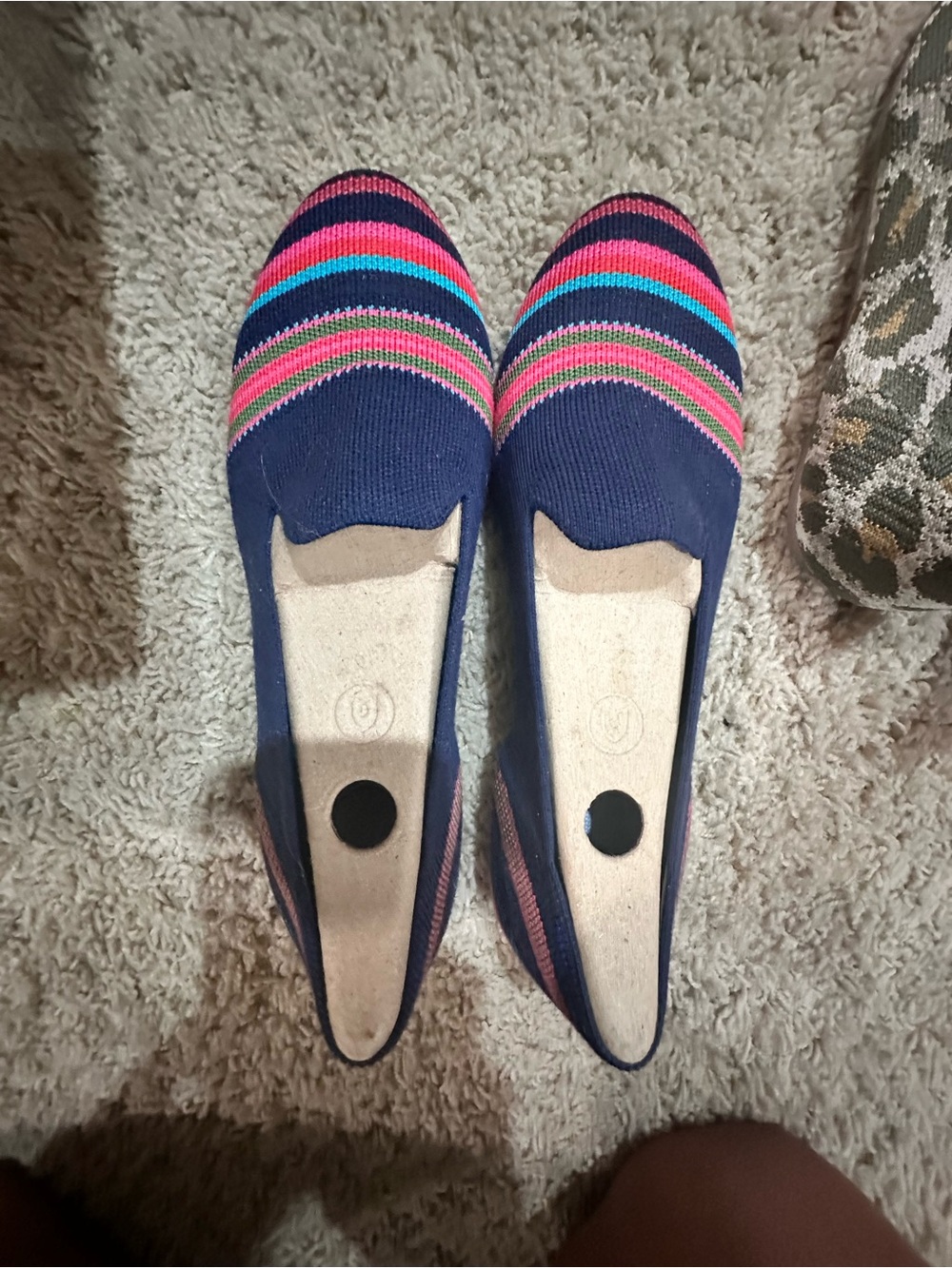 Rothy's Navy Knit Slip-Ons with Pink, Teal & Green Stripes